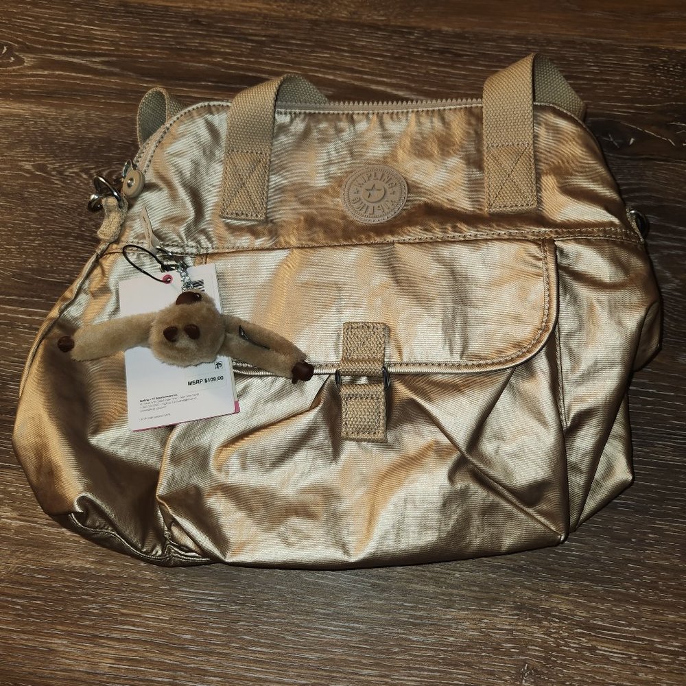 Kipling Elysia Satchel Tote Crossbody Shoulder Bag Gold Metallic Purse